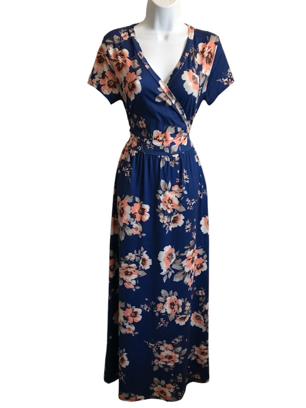 🔴 4/$15 Boutique Maternity Women’s M Blue Peach Floral V-Neck Maxi Dress in EUC